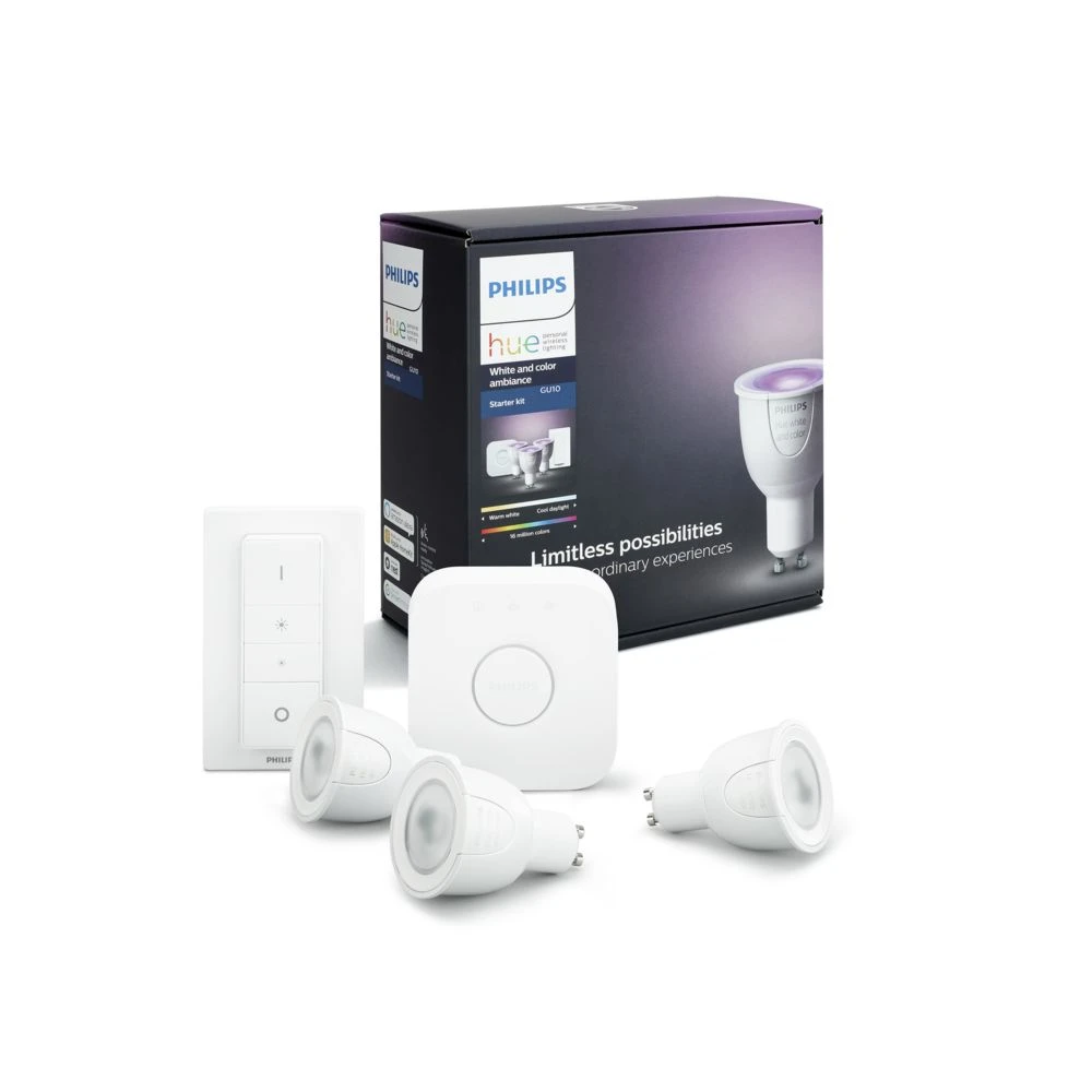 Philips Hue Pont De Connexion + Dim Switch + 3 Spots GU10 White & Colors 2 Philips Hue Pont De Connexion + Dim Switch + 3 Spots GU10 White & Colors