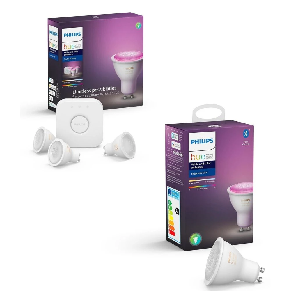Philips Hue Pont De Connexion + 3 Spots GU10 White & Color + White & Color - Ampou... 3 Philips Hue Pont De Connexion + 3 Spots GU10 White & Color + White & Color - Ampou...